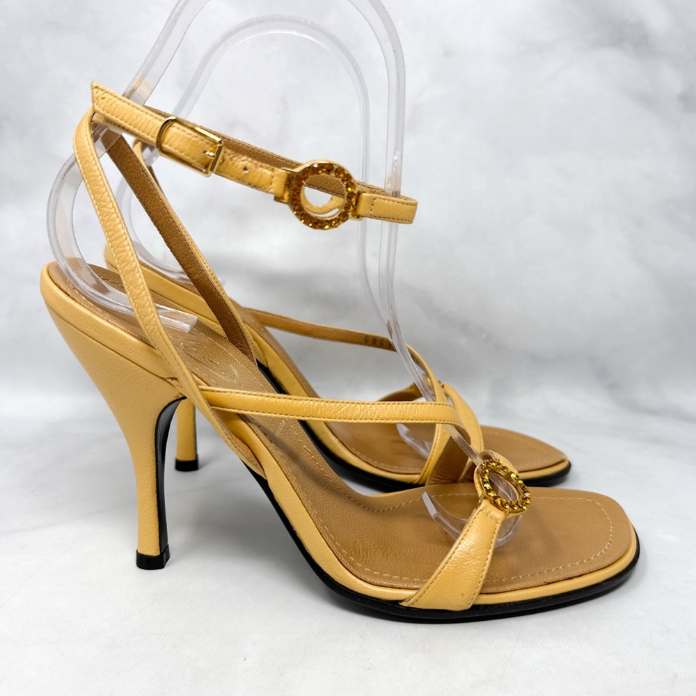 NEW Casadei Vintage 90s Y2K Rhinestone Strappy Leather Sandal Heels Yellow Retro